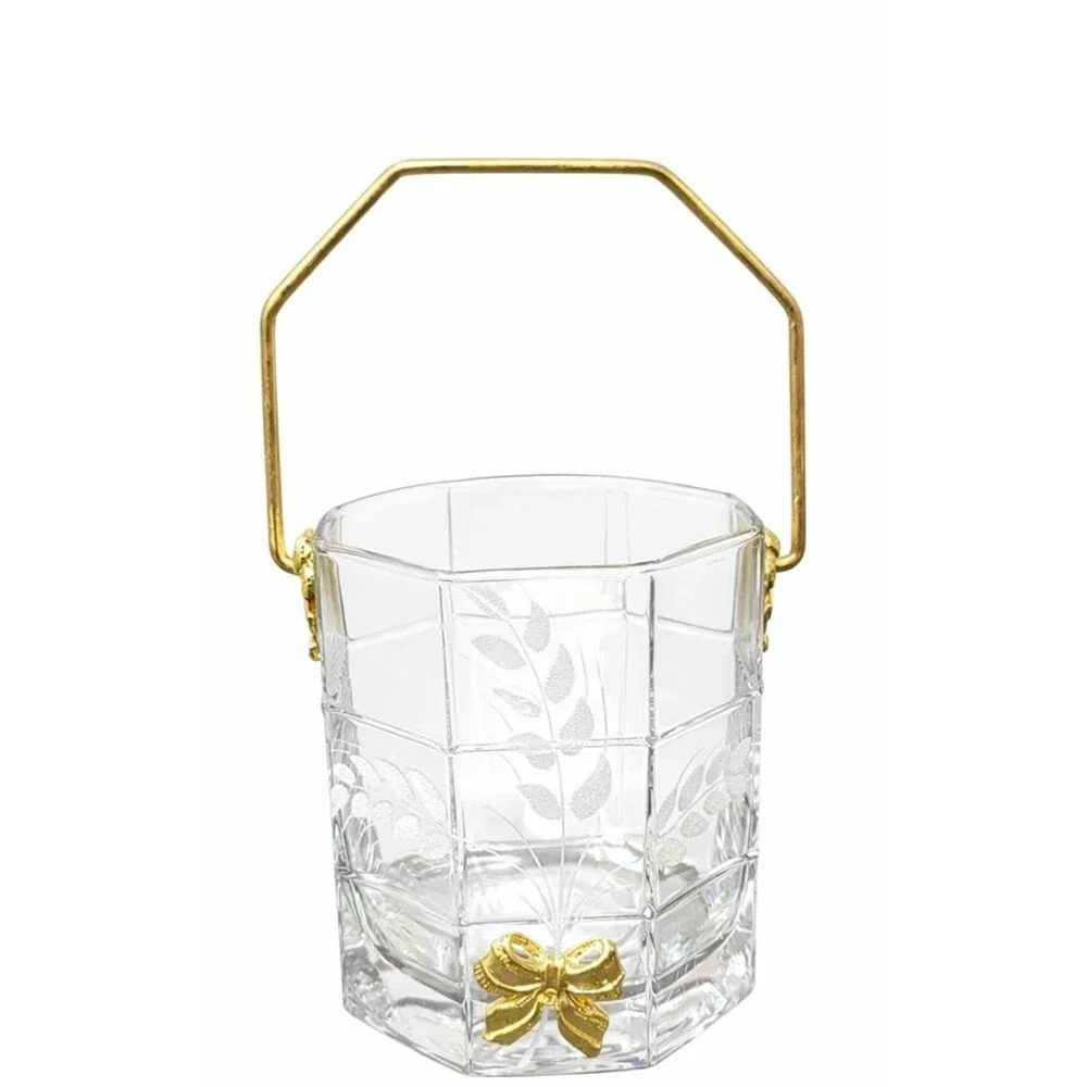 VTG Arte Murano “Linea Mary” Crystal Ice Bucket Gold Handle Italy 1970s-1990s